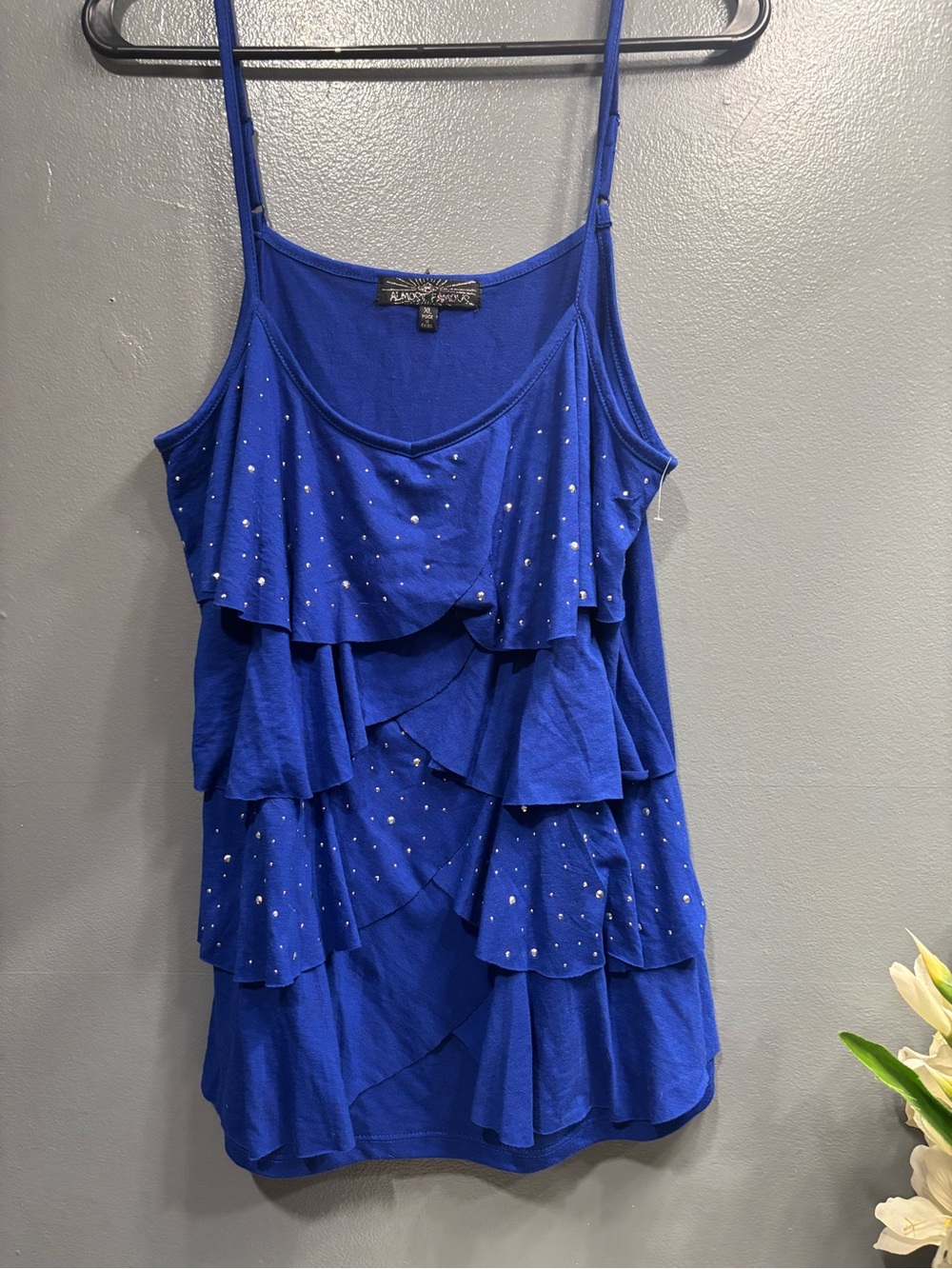 Almost Famous Royal Blue Ruffled Sparkle Cami Tank Top Layer Lightweight Formal